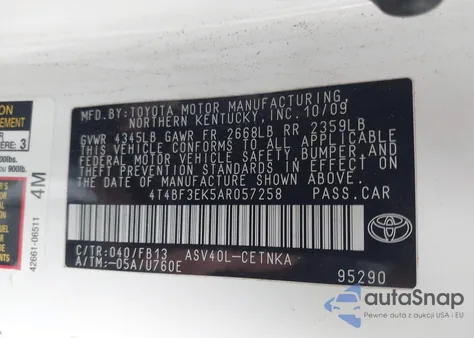 2010 Toyota Camry Le z USA, uszkodzony, nr VIN 4T4BF3EK5AR057258